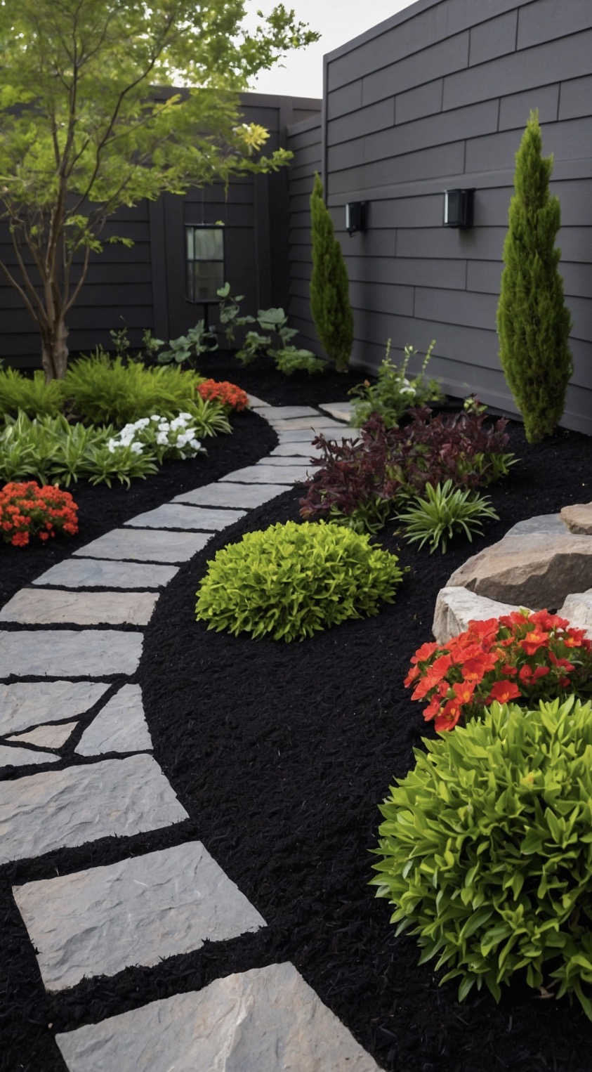 Landscape area with walkway, mulch, shrubs and planting