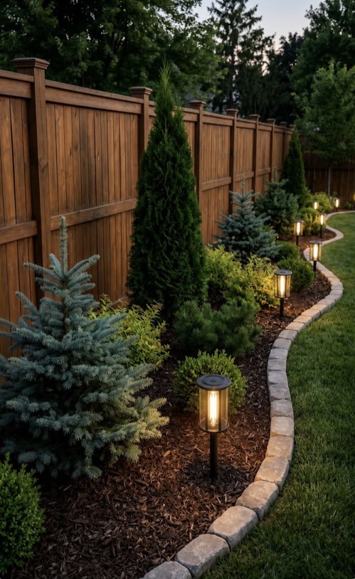 Finished summer landscape with planting beds, mulch and defined yard areas